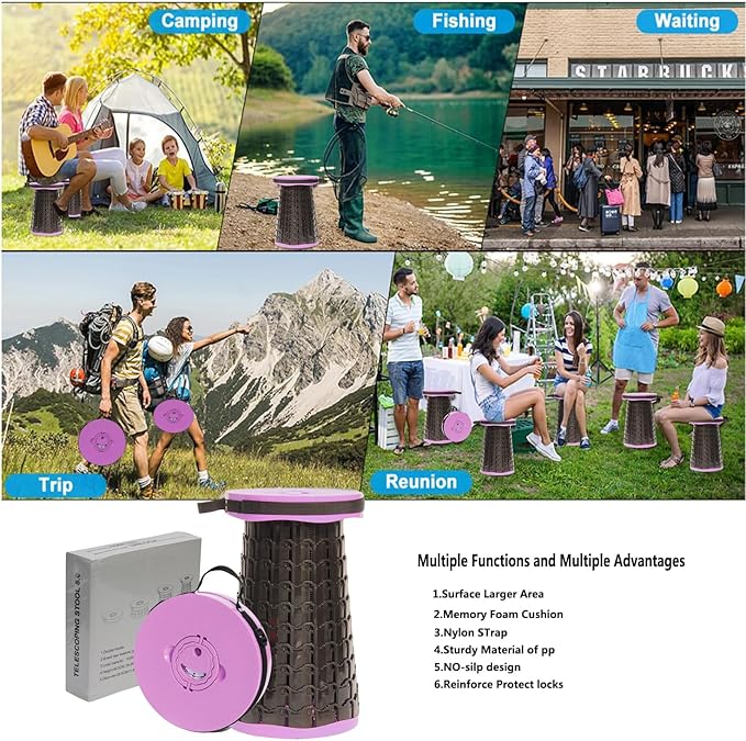 ALEVMOOM Upgraded 19.7" Portable Collapsible Folding Stool Retractable Telescoping Foldable Stool for Adults Heavy Duty Camping Sturdy with Max Load Capacity 1000lbs for Outdoor Fishing Hiking BBQ