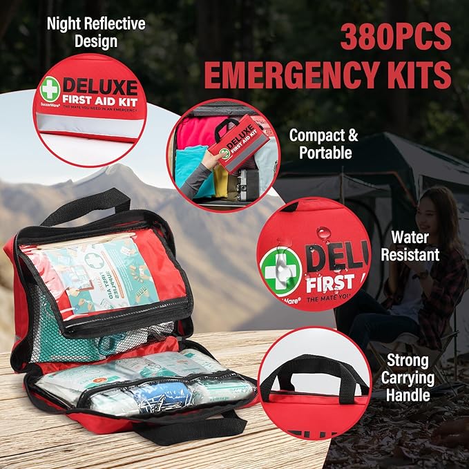 380 Pieces Deluxe First Aid Kit Compact Trauma Medical Kits with Assorted Bandages, Instant Cold Pack, Emergency Blanket for Home, Travel, Camping, Vehicle, Emergency Kits(Red)