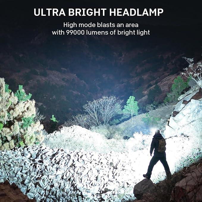 azamine Rechargeable Headlamp Super Bright 99000 Lumens, LED Head Lamp with 3 Modes, 90° Adjustable Head Lights for Forehead, IPX6 Waterproof HeadLamps for Adults Camping Hunting Hiking