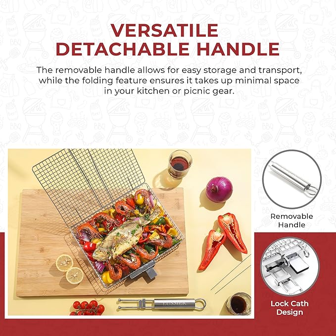 LUSSIER Grilling Basket for Outdoor Grill – Large Foldable Stainless Steel Barbeque Basket with Removable Handle, Skewers & Basting Brush Non-Stick BBQ Grill Basket for Veggies, Fish & Shrimps