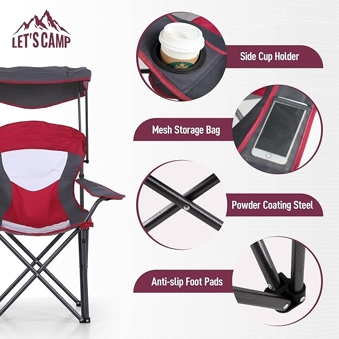 LET'S CAMP Camp Chair with Shade Canopy Folding Camping Chair with Cup Holder and Carry Bag for Outdoor Camping Hiking Beach, Heavy Duty 350 LBS,2 Pack