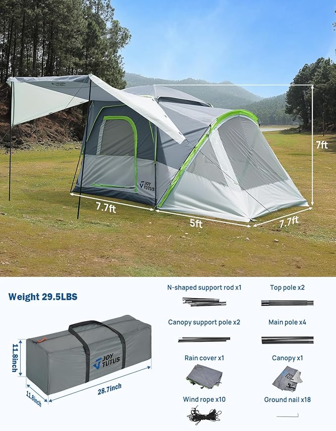 JOYTUTUS SUV Tent with Screen Porch and Awning for Family Camping, 60% More Space Car Tent for 5-9 Person, Dual-Use SUV or Camping with Rainfly, Double Door, Starry Sky Roof, Fit for SUV Car Van
