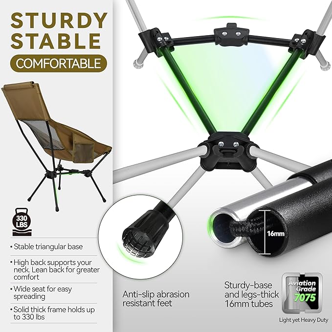 MARCHWAY Lightweight Folding High Back Camping Chair with Head Support, Stable Portable Compact for Outdoor Camp, Travel, Beach, Picnic, Festival, Hiking, Backpacking (Highback Khaki)