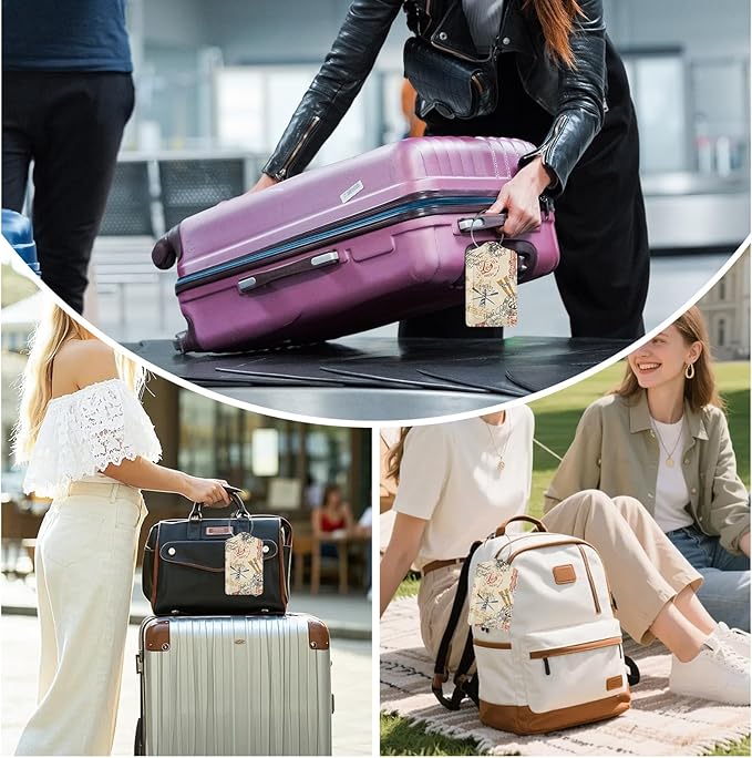 3 Pack Retro Travel Stamp Luggage Tags for Suitcase Travel Stickers PU Leather Luggage Tag Privacy Cover ID Label for Women Men Baggage Backpack Handbag School Bag