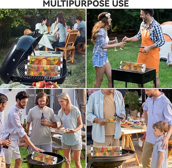 ZORMY 2pcs Rolling Grill Baskets,Grill Veggie Basket,BBQ Baskets for Grilling,Round Stainless Steel Grill Baskets for Outdoor Grill,Camping Basket for Vegetables, Birthday Gifts for Men