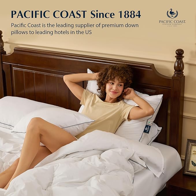 Pacific Coast Goose Feather and Down Bed Pillows Standard Size Set of 2, Hotel Pillow for Sleeping, Downproof, Soft, Fluffy, 100% Cotton Shell