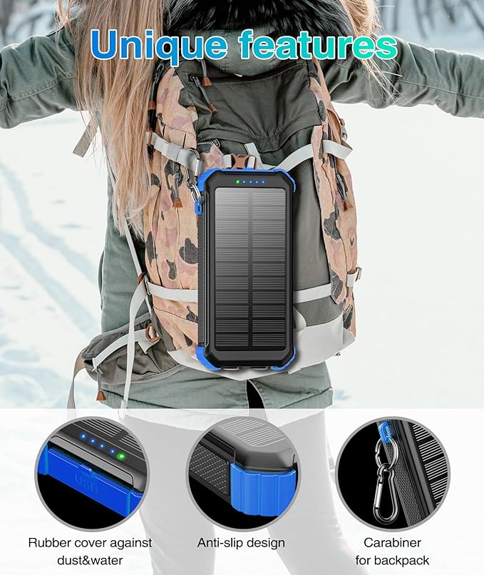 LATIMERIA 45800mAh Solar Charger Power Bank, Portable Phone Charger with 5V3.1A QC 3.0 Fast Charging, Solar Panel USB C in/Output for Cellphone, External Battery Pack with Dual Flashlights for Hiking