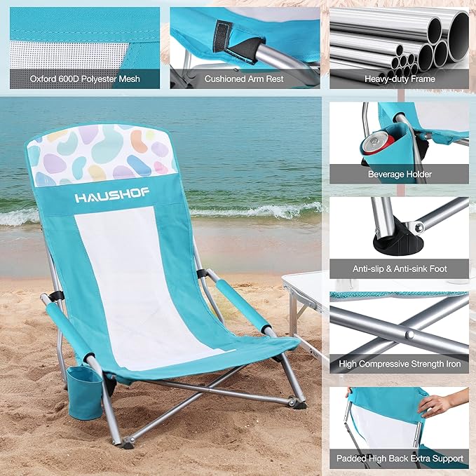 HAUSHOF High Back Beach Chair, Mesh Back Folding Chair, Lightweight Low Seat Camping Chairs with Cup Holder, Carry Bag, Padded Armrest for Outdoor Beach Lawn Camping Picnic Festival
