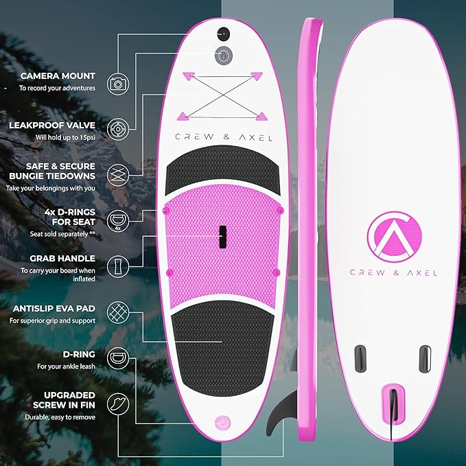 Crew Axel Inflatable Paddle Board 10’33’6” Extra Wide & Lightweight (18lb) Paddle Board – Premium SUP Set Includes 2 Bags, Floating Paddle, Camera Mount, 3 Fins, Dual Pump Kit