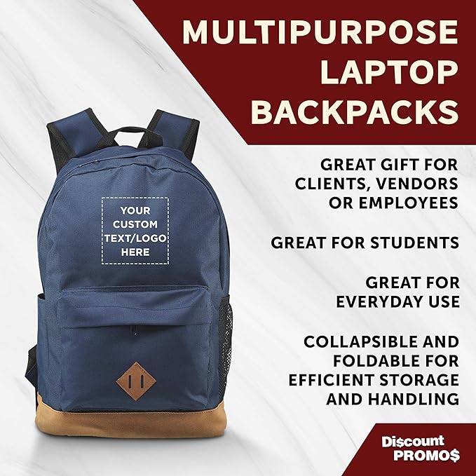 DISCOUNT PROMOS Custom Multipurpose Laptop Backpacks Set of 10/40/80, Personalized Bulk Pack - Lots of Features for Everyday Use, Perfect for Employess, Businessman - Blue