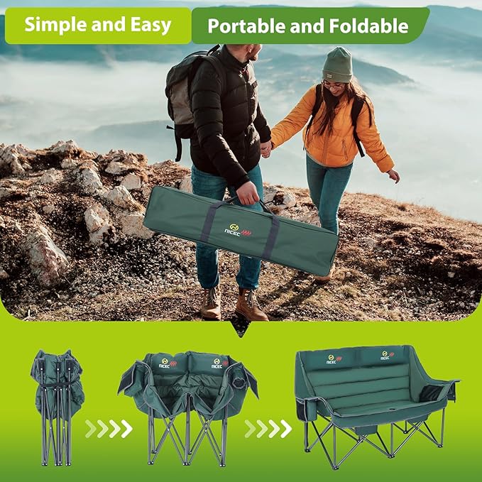 Nice C Heated Camping Chair with Battery, Heated Double Camping Couch, Oversized Thick Padded Loveseat, Heated Camping Chair for Adults, with Cooler Bag, Bottle Opener, Power Bank (Green)