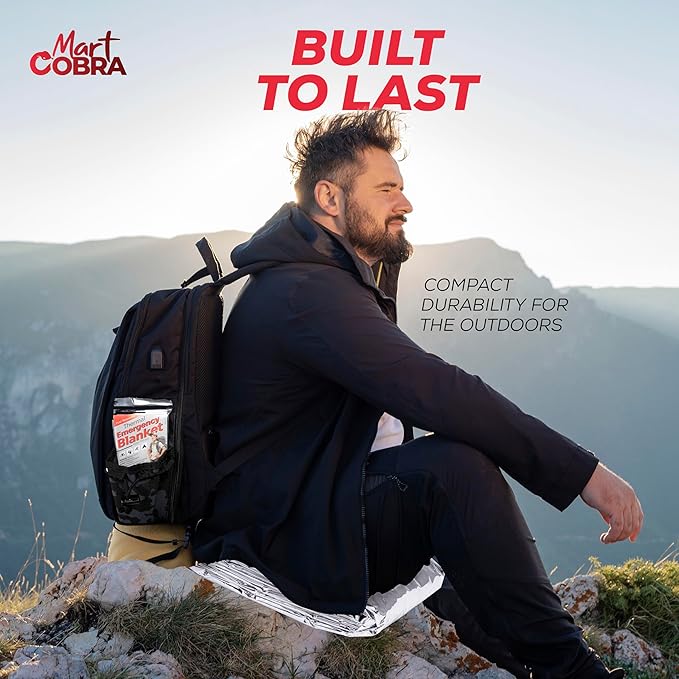 Mart Cobra Emergency Blanket 25-Pack Space Mylar Blankets Survival Gear and Supplies Reusable Thermal Camping Essentials Hiking First Aid Car Emergency Kit Prepper Foil Bug Out Bag Warm Cat Cold Snow
