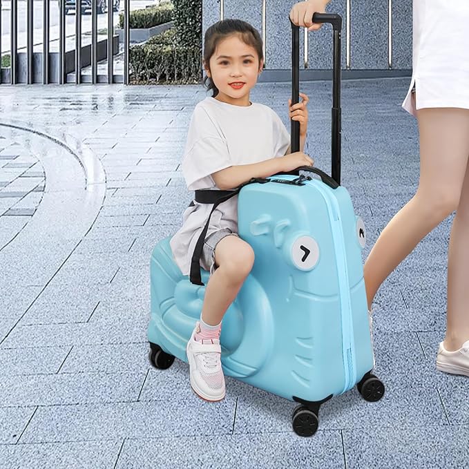 Kids Ride-On Luggage 20" with Spinner Wheels, Children's Travel Suitcase with Seat & Password Lock, Blue Cartoon Carry-On Trolley for Ages 1-6