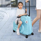 Kids Ride-On Luggage 20" with Spinner Wheels, Children's Travel Suitcase with Seat & Password Lock, Blue Cartoon Carry-On Trolley for Ages 1-6