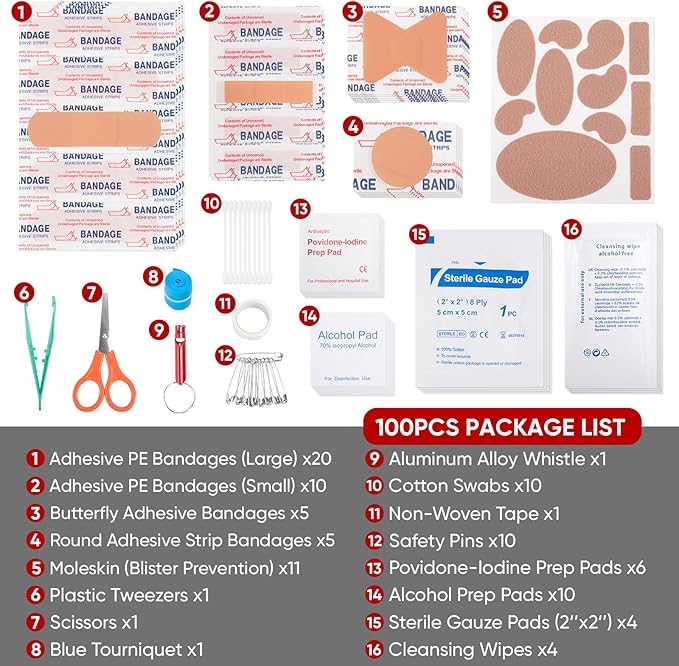 PTEROMY 100 Piece Mini First Aid Kit, Portable Small Emergency Kits Compact 1st Aid Kit for Car, Travel, Home, Camping, Outdoor, Hiking
