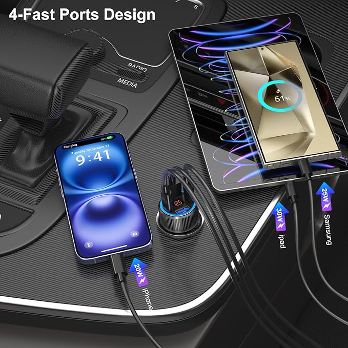 USB C Car Charger, 3 Pack 65W Dual 12V Car Power Adapter with Voltmeter QC+PD 3.0 Multi Port Fast Charging Cigarette Lighter USB Charger for iPhone 17 16 15 14 13 12 Pad Pro Max, Android(Black Gray)