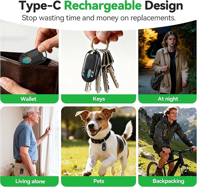 TECKNET 3-in-1 Air Tracker Tag 2-Pack (iOS Only), Rechargeable Smart Bluetooth Tracker, 100dB Alarm & Hidden Camera Detection, Compatible with Apple Find My, Item Finder for Keys, Luggage, Wallet, Pet