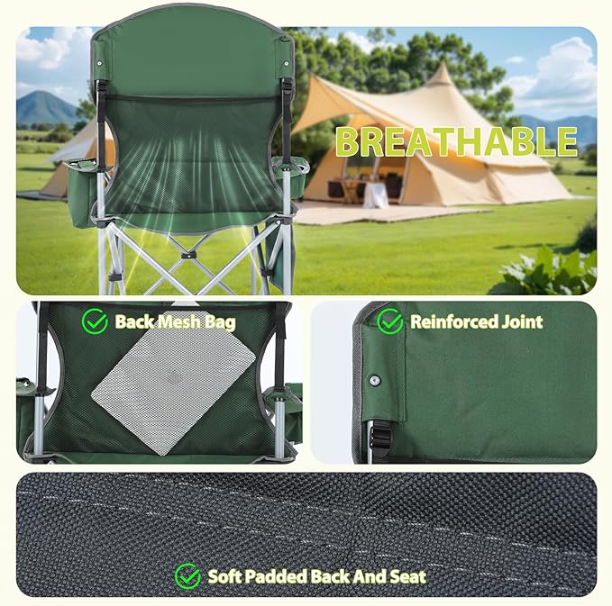 Nice C Camping Chair, Portable Chair, Lawn Chairs, Outdoor Chairs, with Armrest, Cooler Bag, Cup Holder, Side Pocket, for Camping, Traveling, Picnic (Green&Grey 2-Pack)