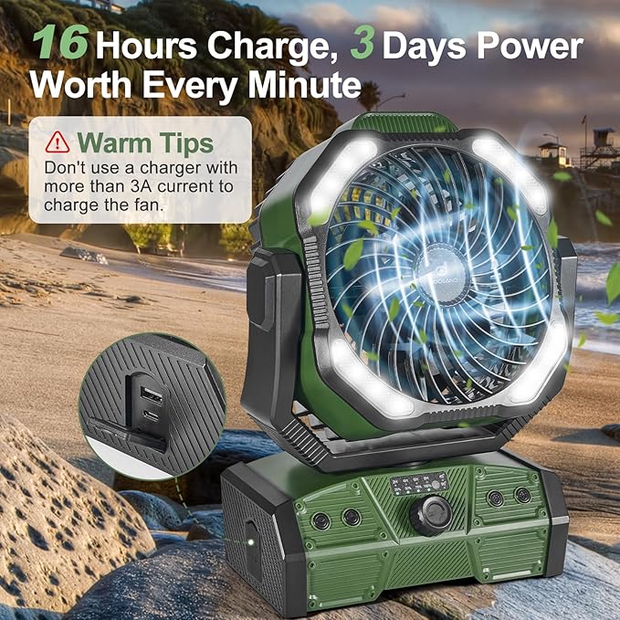 Odoland 40000mAh Camping Fan with LED Light, Battery Operated Oscillating Desk Fan with Remote & Hook, Rechargeable Outdoor Tent Fan with Timer for Hurricane Power Outage Travel Jobsite RV, Green