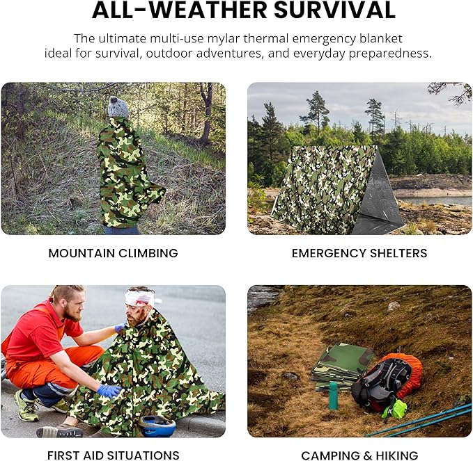 Primacare CB-6842-10 Pack of 10 Emergency Foil Mylar Thermal Blanket Camouflage, 84" Length x 52" Width