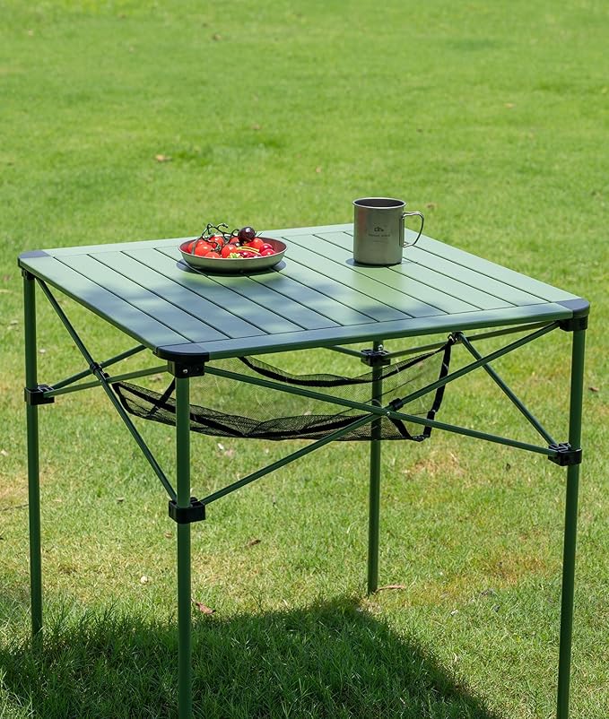 iClimb Lightweight Stable Alu. Folding Square Table Roll Up Top with Carry Bag for Camping Picnic Backyards BBQ Camp Kitchen (Green, L)