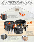 HOMGEN 12-Pieces Ultralight Anodized Aluminum Camping Cookware Set for 2 People - Nesting Pot/Pan with Foldable Handles 800ml Insulated Teapot & Stainless Cups for Camping Hiking