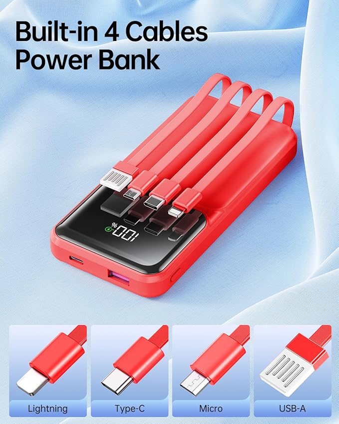 RONEGN Portable Charger with Built in Cable 10000mah USB C Power Bank Fast Charging Travel Essential Battery Pack for iPhone Samsung Android iPad etc