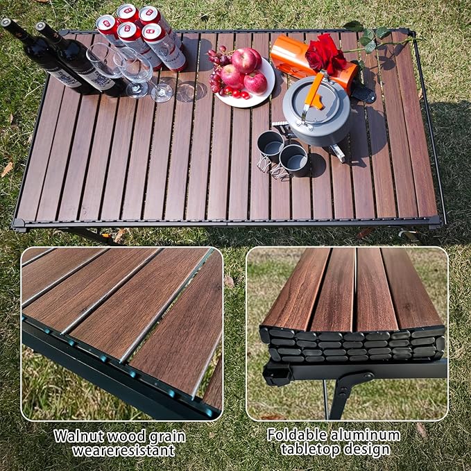 4FT Folding Camping Table, Adjustable Height Aluminum Roll Up Table with Carry Bag, Loads 110LBS, 2-6 Person Lightweight Portable Picnic Table for Outdoor, Grilling, Barbecue,Travel. Walnut