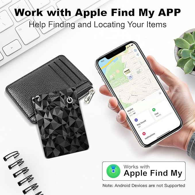 Wallet Tracker Card (iOS Only), Rechargeable Bluetooth Smart Tracking for Apple Find My Compatible Anti Tracker for Men Women Slim Item Locator for Purse Passport Key Luggage Tag (1Pcs/Black C)