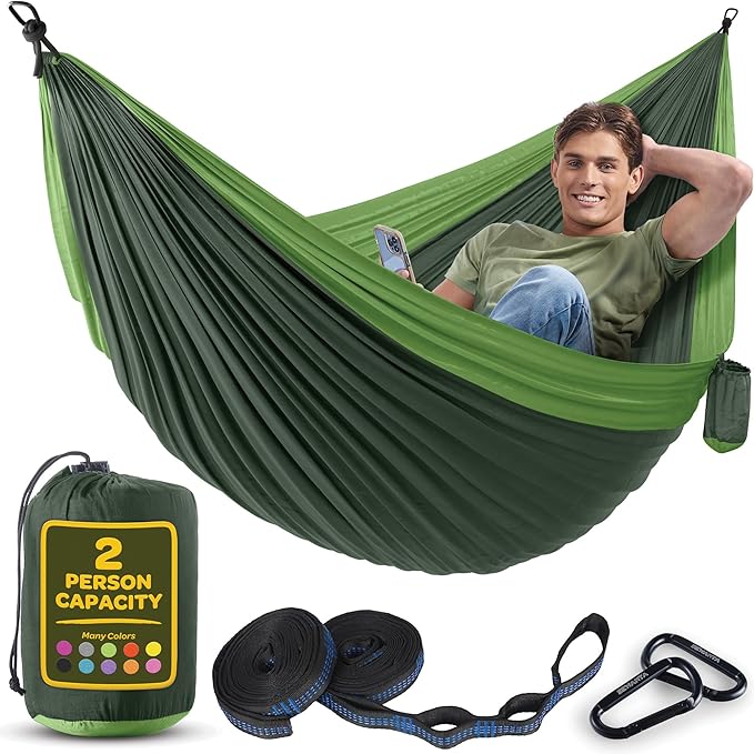 Durable Hammock 500 lb Capacity, Nylon Camping Hammock Chair - Double or Single Sizes w/Tree Straps and Attached Carry Bag - for Travel/Backpacking/Beach/Backyard (Large, Forest Green & Lima Green)