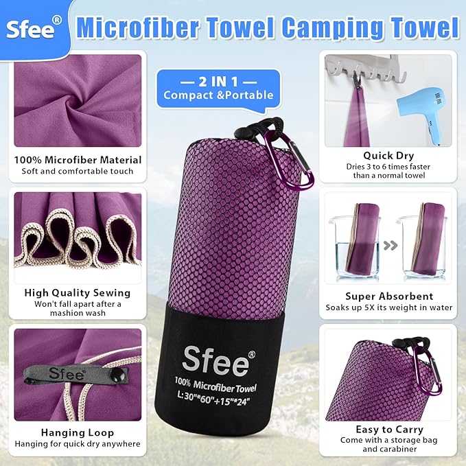Sfee 2 Pack Microfiber Travel Towel, Quick Dry Towel Camping Towel Large Beach Towel Super Absorbent Compact Lightweight Sports Gym Towels Set for Beach, Gym, Hiking, Pool, Backpacking,Bath,Yoga