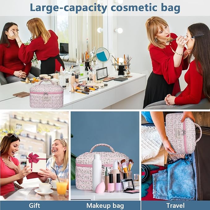 Gosect Large Makeup Bag, Cute Cosmetic Bag for Women Girls, Floral Coquette Aesthetic Toiletry Bag, Travel Make Up Organizer Bag(Small Pink Floral