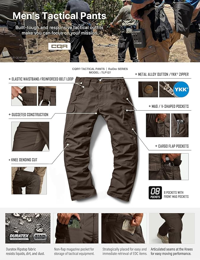 CQR Men's Tactical Pants, Water Resistant Ripstop Cargo Pants, Lightweight EDC Work Hiking Pants, Outdoor Apparel