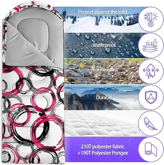 Sleeping Bags for Adults and Kids，3D Printing Camping Sleeping Bag for Girls Boys Lightweight Waterproof Cold/Warm 3-Season，Outdoor Travel with Compression Bags