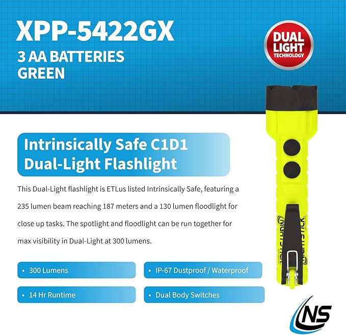 Nightstick XPP-5422GX Intrinsically Safe Dual-Light Flashlight, Green/Black
