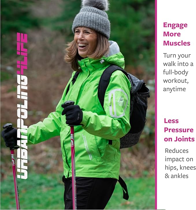 Urban Poling - Urban Poles 4Life - Lightweight, Aluminum Nordic Walking Sticks - Pink & Silver - 1 Pair – for Users 4'2"–6'2" - Collapsible & Adjustable Hiking Gear