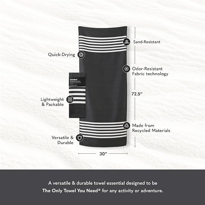 Nomadix Original Towel - Perfect for Beach, Pool, Travel, Camping, Yoga - Made with Recycled Materials - Super Absorbent - Sand Resistant - Poolside Black - 72.5x30