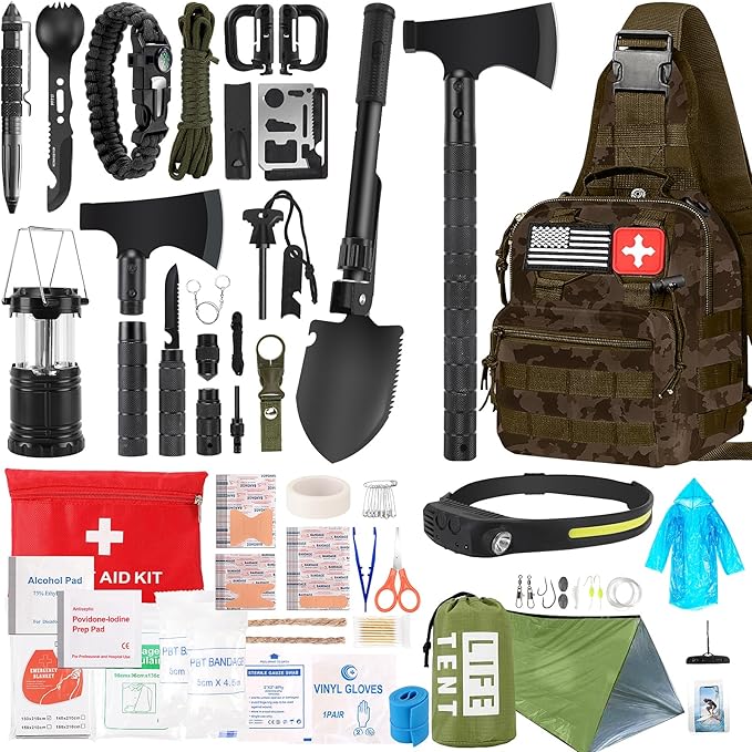 Survival Kit, 268 Pcs Emergency Survival Gear and Equipment Supplies with First Aid Kit, Camping Axe, Headlamp, Tent, Crossbody Bag for Camping Hiking, Hunting, Car, Gift for Christmas Men, Dads, Him