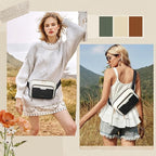 RAINSMORE Fanny Packs for Women, Leather Belt Bag Waterproof Everywhere Crossbody Waist Pack with Adjustable Strap Retro Sling Chest Bag for Work Running Travel Party, Black with White