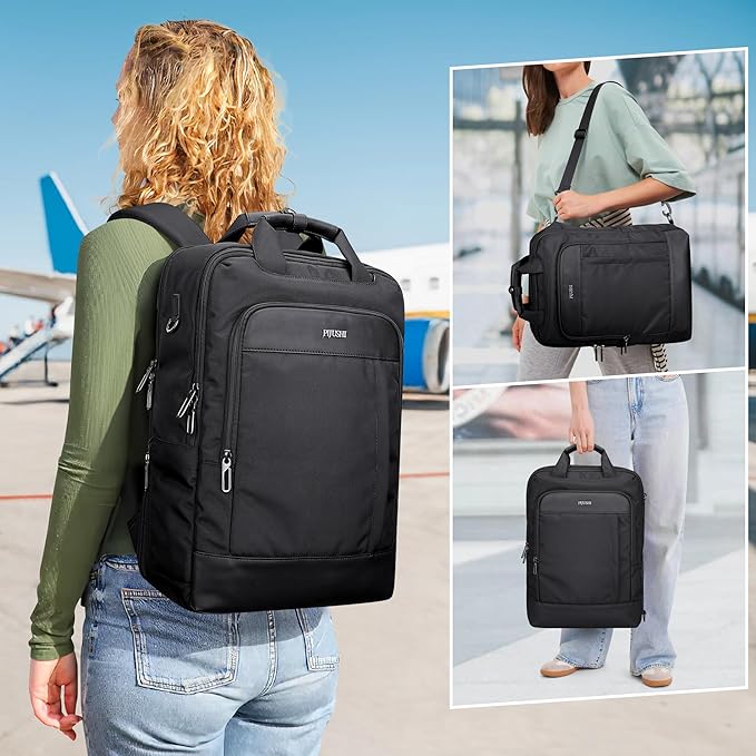 PIJUSHI Laptop Backpack for Women Men Personal Item Travel Backpack Convertible Carry on Bag Flight Approved(PE042 Black)