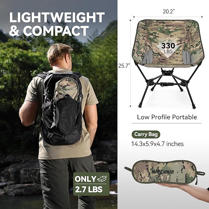 MARCHWAY Lightweight Folding Camping Chair with Spring Lock, Stable Compact Portable for Outdoor Camp, Travel, Beach, Picnic, Festival, Hiking, Backpacking (Lowback Camo)