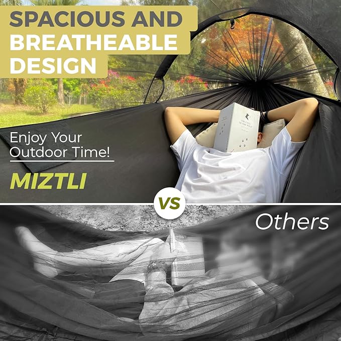 Miztli Camping Hammock -Portable Hammock w/Spacious Net & Tree Straps w/Adjustable Loops, Double and Single Hammock for Outdoor, Indoor, Hiking and Travel