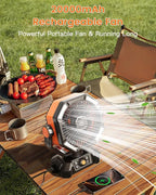 Camping Fan, 20000mAh Battery Powered Fan with LED Lantern, Rechargeable Battery Operated Oscillating with Remote Hook, 8 Speeds Outdoor Fans for Teny, Picnic, Fishing, Travel, Jobsite