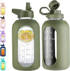 CIVAGO 64 oz Glass Water Bottle Jug with Straw and Handle, Half Gallon Sports Motivational Bottle with Time Marker, Large Flask Canteen with Silicone Sleeve for Gym, Army Green