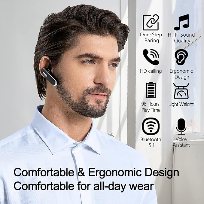 Bluetooth Earpiece for Cell Phones, V5.1 Wireless Headset Handfree with Battery Charging Case Built-in Microphone for iPhone Android Driver/Business/Office