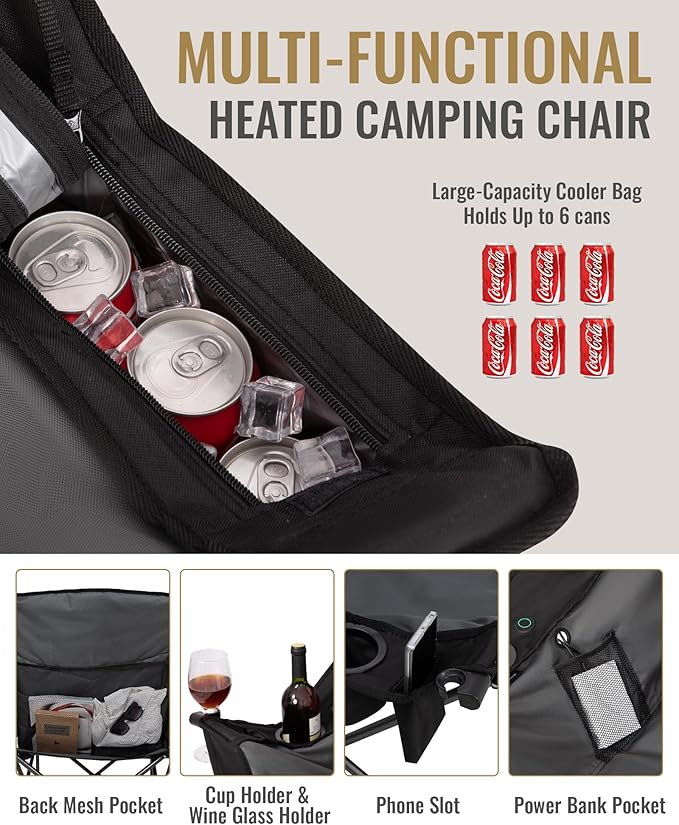 KingCamp Heated Oversized XL Camping Chair, Heavy Duty 500lbs Folding Couch for Adults, Padded Large Comfortable Sofa Seat 3 Heat Levels with Cooler Bag for Outdoor Sports Fishing Lawn, Black/Grey