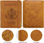 WALNEW Passport Holder for Travel, RFID Passport Cover Wallet for Women Men, PU Leather Passport Book Card Holder Case with Pen (Elastic Band Closure, AA-Brown+Rosegold)
