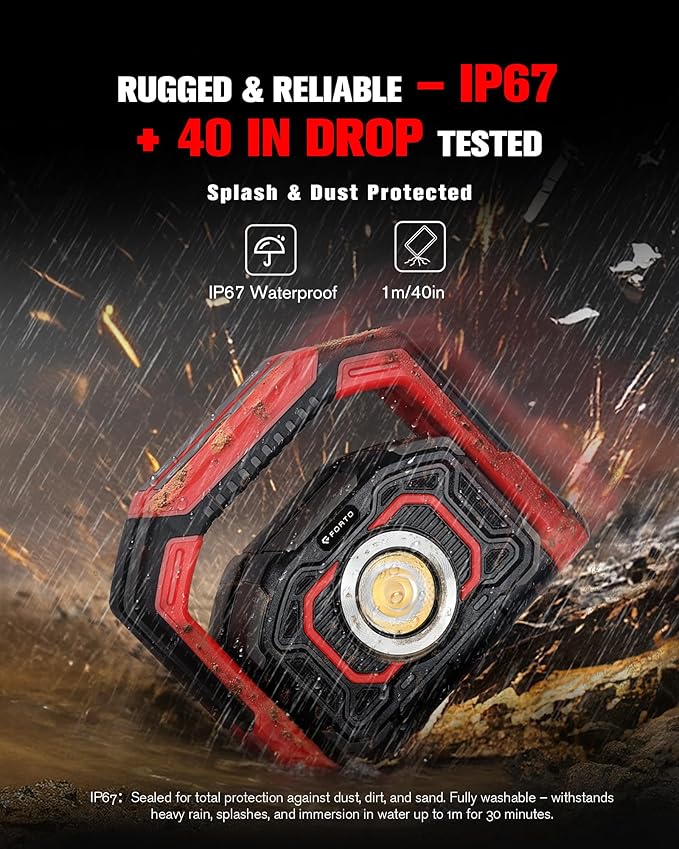 FORTO Rechargeable Magnetic Work Light 2 Pack – Dual Beam & 360° Rotating with Dual Stands, Oil-Resistant & Hands-Free Lighting for Garage, Workshop, Car Repair & Emergencies (Red)
