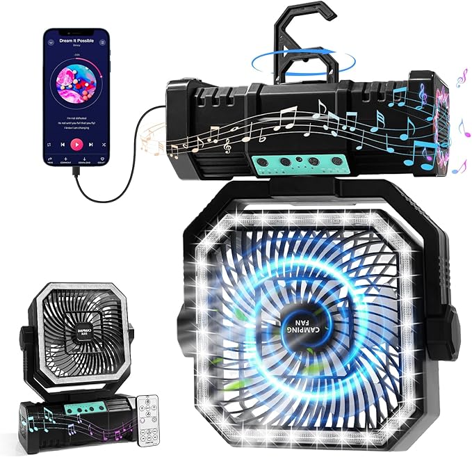 Camping Fan with Bluetooth Speaker Portable Fan,20000mAh Rechargeable Battery Powered Fans,Quiet 4-Speeds, 4-LED Light,360° Hanging Hook for Outdoor Picnic Tent Beach Travel Barbecue, Black
