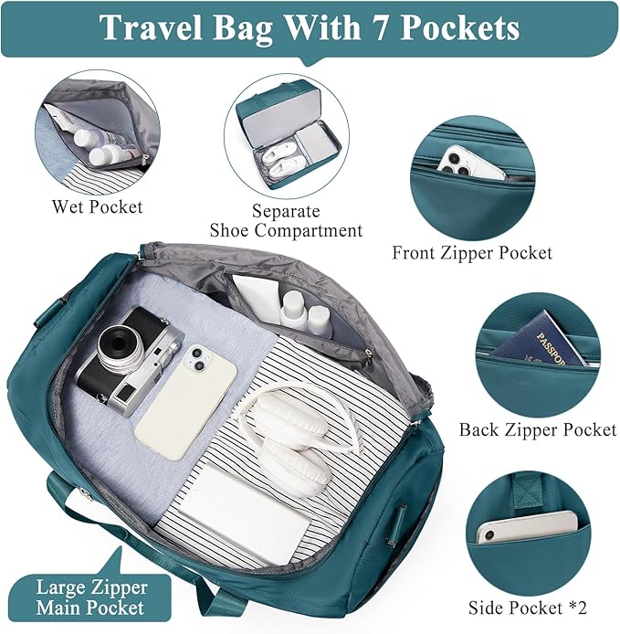 Extra Large Travel Duffle Bag,Carry on Overnight Bag with Shoes Compartment,Weekender Bags for Women for Travel Business Trips Sport Hospital,3 Pcs Set,Peacock Blue